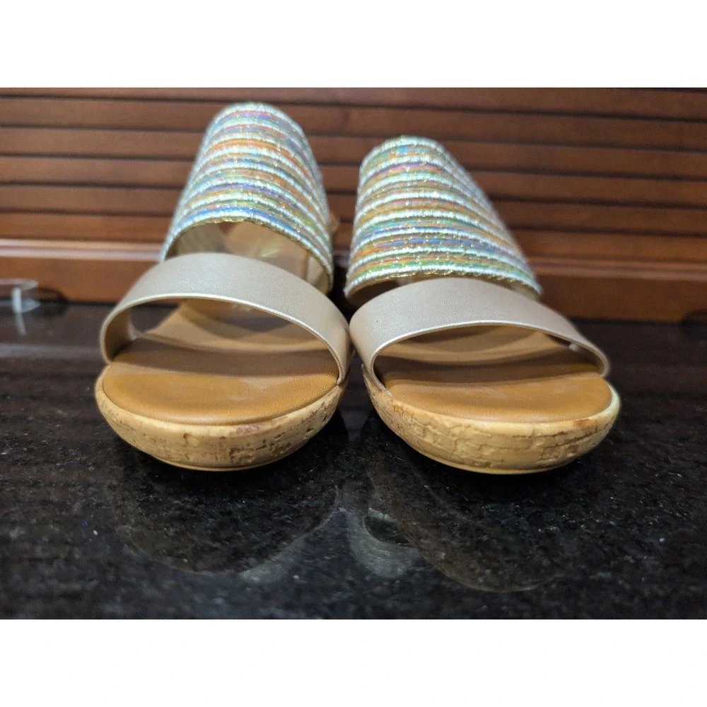 Italian Shoemakers Womens Gold Multi Metallic Striped Cork Wedge Sandals 7.5